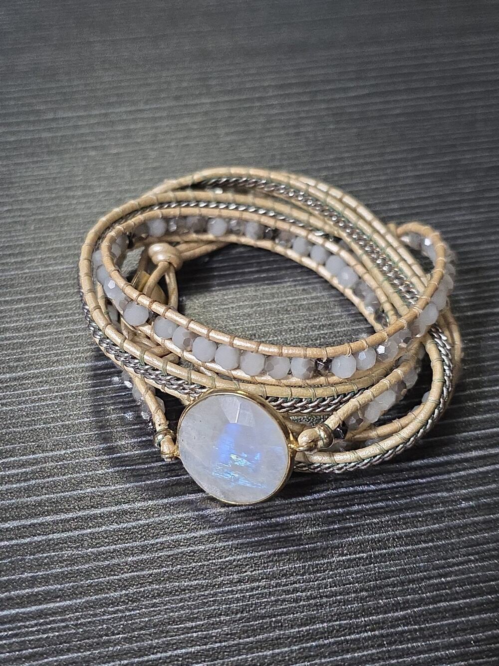 Nakamol Signed Moonstone Beaded Wrap Bracelet Light Tan Cord Glass Crystals